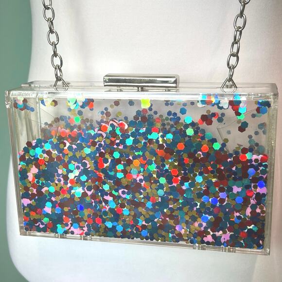 Acrylic Confetti Glitter Hard Clutch Purse Handbag chain strap clear rainbow y2k - Picture 2 of 14